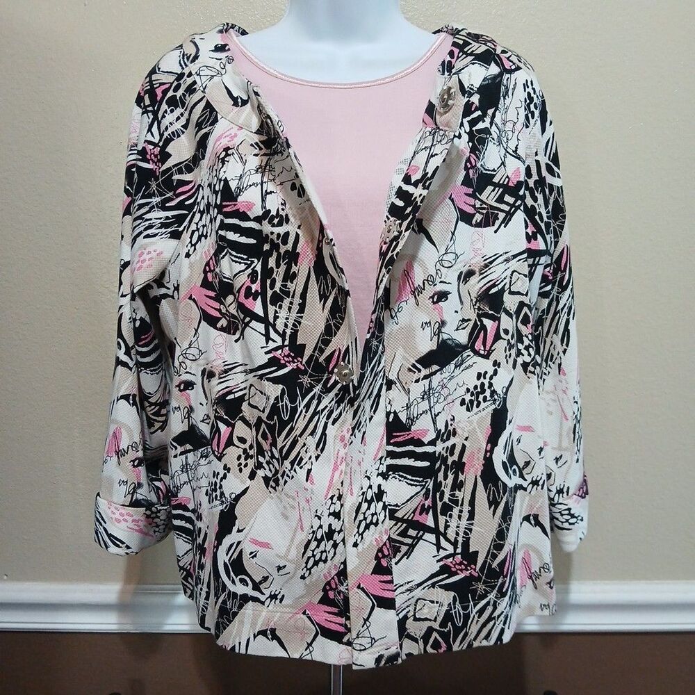 Christopher & Banks Cotton Stretch Ladies City Life Blazer Jacket L Pink/Black